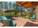 Spacious wood deck with blue patio furniture and backyard views at 1540 Fawnwood Rd, Monument, CO 80132