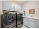 Laundry room showcasing a modern washer and dryer set with cabinets, countertop and sink at 10401 Maplebrook Way, Highlands Ranch, CO 80126