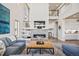 Spacious living room featuring a modern fireplace, high ceilings, and an open floor plan seamlessly connecting to the kitchen at 10401 Maplebrook Way, Highlands Ranch, CO 80126