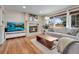 Bright living room with a cozy fireplace, hardwood floors, and a comfortable sofa near a large window at 3292 S Wabash Ct, Denver, CO 80231