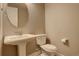 Small powder room with pedestal sink and toilet at 13717 Ashgrove Cir, Parker, CO 80134