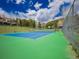 Up-close view of well-maintained tennis court, set against a backdrop of beautiful greenery and sky at 4198 Timbervale Dr, Evergreen, CO 80439