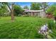 Large backyard with a gray house, covered patio, shed and beautiful grassy yard at 8764 W 95Th Ave, Broomfield, CO 80021