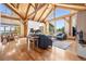 Open-concept living room with hardwood floors, vaulted ceilings, and lots of natural light at 4880 Tall Horse Trl, Sedalia, CO 80135