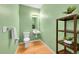 Powder room featuring vibrant green walls, modern fixtures and wood flooring at 22801 E Briarwood Pl, Aurora, CO 80016