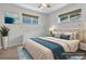 Comfortable staged bedroom featuring soft lighting, carpeted floors, and neutral decor at 3667 Hudson St, Denver, CO 80207