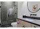 Modern bathroom with a patterned glass-enclosed shower, a contemporary vanity, and stylish fixtures at 2645 Eudora St, Denver, CO 80207