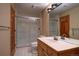 Bathroom with a walk-in shower, single sink vanity with wood cabinets and large mirror at 1334 Solitude Ln, Evergreen, CO 80439