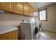 Laundry room with a side-by-side washer and dryer and storage cabinets at 1334 Solitude Ln, Evergreen, CO 80439