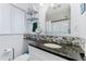 Bathroom showcasing a mosaic tile backsplash, white cabinets, and modern fixtures at 3485 S Forest St, Denver, CO 80222