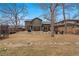 Large backyard with a patio, ample green space, mature trees, and a trampoline at 501 Lois Dr, Louisville, CO 80027
