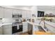 Stylish kitchen equipped with stainless steel appliances, sleek countertops, and a view of the fireplace, great for cooking at 8358 S Independence Cir # 105, Littleton, CO 80128