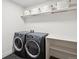 Modern laundry room with front loading washer and dryer plus shelving at 4432 Umatilla St, Denver, CO 80211