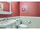 Charming half bath with pedestal sink, toilet, and wainscoting along the lower portion of the wall at 20596 E Shefield Ct, Parker, CO 80138