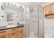 Classic bathroom with shower, neutral countertop, wooden vanity, and ample lighting at 7220 Spring Creek Cir, Niwot, CO 80503