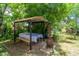 Outdoor dining with a covered table and a brick chiminea in a lush, green backyard at 7684 Beverly Blvd, Castle Pines, CO 80108