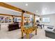 Basement featuring foosball table, leather sectional, and kitchenette with open concept living and game area at 8191 S Homesteader Dr, Morrison, CO 80465