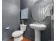 Stylish powder room with a pedestal sink, round mirror, and gray paint at 3438 Cade Ct, Castle Rock, CO 80104