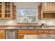Kitchen sink with stainless steel appliances, plenty of storage, and a sunlit window overlooking the backyard at 205 Beech St, Hudson, CO 80642