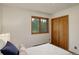 Bedroom features carpeted floors, neutral walls, closet, and natural light window at 31150 Manitoba Dr, Evergreen, CO 80439