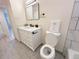 Bathroom with white vanity, toilet and marble tile at 1120 Tucson St, Aurora, CO 80011