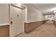 Hallway featuring neutral walls, carpeted floors, and modern lighting fixtures at 13952 E Marina Dr # 102, Aurora, CO 80014
