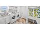 Functional laundry room with modern appliances, storage shelves, and a charming lemon-themed wall accent at 2357 Oak Ridge Rd, Sedalia, CO 80135
