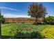 Picture-perfect backyard featuring a lush lawn, vibrant flowerbeds, and a charming wooden fence at 4247 Thistlesage Ct, Castle Rock, CO 80109