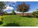 Well-maintained backyard with a beautiful red fence, lush lawn, and mature trees at 4247 Thistlesage Ct, Castle Rock, CO 80109
