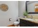 Bright half bathroom featuring granite counters, a modern vanity and neutral decor at 4247 Thistlesage Ct, Castle Rock, CO 80109