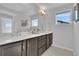 Well-lit bathroom with dual sinks, dark wood cabinets, a large mirror, and modern fixtures at 2602 Meadows Blvd # A, Castle Rock, CO 80109