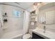 Clean bathroom featuring a bathtub, shower, sleek vanity, and stylish lighting fixtures at 5101 Meade St, Denver, CO 80221