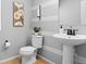 Stylish powder room featuring a modern pedestal sink and horizontally striped accent wall at 6185 Saddle Bow Ave, Parker, CO 80134