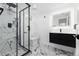 Modern bathroom with glass shower enclosure and sleek vanity on stylish marble flooring at 5886 S Logan St, Centennial, CO 80121