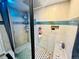 Walk-in shower featuring blue-green tiles, glass, modern showerhead, and built-in niche at 1744 Brookside Dr, Highlands Ranch, CO 80126