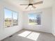 Well-lit bedroom with plush carpeting, a ceiling fan, and large windows offering picturesque neighborhood views at 510 W Prestwick Way, Castle Rock, CO 80104