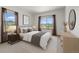 This is a staged bedroom with two windows, modern furniture and minimalist wall art at 34771 E 153Rd Ct, Hudson, CO 80642