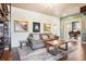 Comfortable living room with hardwood floors, a gray sofa, and colorful artwork at 18984 W 85Th Blf, Arvada, CO 80007