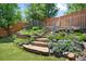 Serene backyard with stone steps and rock-lined landscaping along the fences at 11645 Colony Loop, Parker, CO 80138