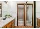 Bathroom with tile shower, white sink and brown cabinets at 551 Snowy Owl Pl, Highlands Ranch, CO 80126