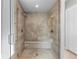 The elegant tiled shower features a seating area and dual shower heads, offering a spa-like experience at 10113 Bellwether Ln, Lone Tree, CO 80124