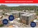 An aerial view of the building's proximity to shops, front entry, street parking and garage at 20 Wilcox St # 318, Castle Rock, CO 80104