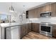 This modern kitchen features stainless steel appliances and a tiled backsplash at 20 Wilcox St # 318, Castle Rock, CO 80104