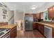 Well-designed kitchen with stainless appliances, plenty of storage, and dark wood floors at 980 S Nile Way, Aurora, CO 80012