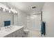 Bright bathroom featuring white cabinets, stylish vanity and mirror, and a glass enclosed shower at 96 Glenmoor Ln, Cherry Hills Village, CO 80113