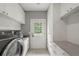 Mudroom features a laundry machine, storage cabinets, and a door to the outside at 96 Glenmoor Ln, Cherry Hills Village, CO 80113
