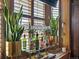 Close-up of bar with glassware, liquor, and plants in front of wood windows with blind cover at 10273 Salida St, Commerce City, CO 80022