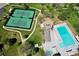 An aerial view featuring well-maintained tennis courts and a community pool with sunbathing areas at 7708 S Krameria Ct, Centennial, CO 80112