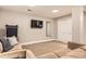 Finished basement features a seating area with a TV and a closet at 7708 S Krameria Ct, Centennial, CO 80112