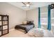 Cozy bedroom featuring a ceiling fan, plush rug, and ample natural light from the window at 1815 Avery Way, Castle Rock, CO 80109